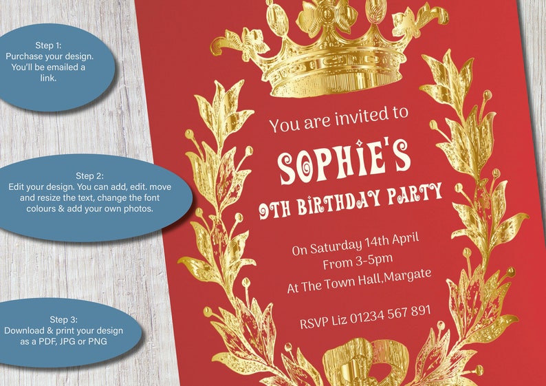 Royal Themed Party Invitation for Birthday or Other Princess Partys
