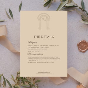 Tarjeta de detalles de boda elegante, invitación editorial imprimible, plantilla de inserción de boda atemporal editable, tarjeta de detalles románticos, extras de boda