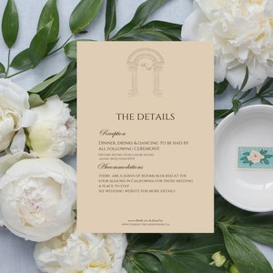 Biglietto con dettagli del matrimonio elegante, invito editoriale stampabile, modello di inserto per matrimonio senza tempo modificabile, biglietto con dettagli estetici, extra del matrimonio