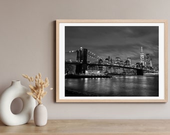 New York Night Skyline Black and White Print, Brooklyn Bridge and Manhattan, Home Decor