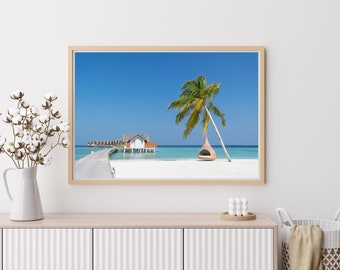 Maldives Print, Palm Tree and Bungalows, Maldives Poster, South Asia Travel Poster, Home Decor