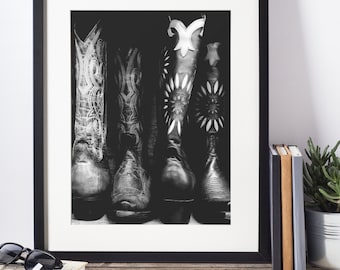 Cowboy Boots Printable Wall Art Digital Download, Western Howdy Cowgirl Austin Texas, Black and White Photography, Instant Home Gallery