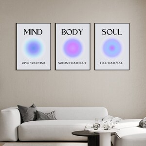 Mind Body Soul Set of 3 Printable Wall Art Digital Download, Blue Purple Aura Spiritual Typography Graphic Design, Instant Gallery