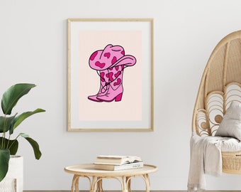 Pink Cowboy Boots Printable Wall Art Digital Download, Illustration Cowgirl Hat Beige Western, Instant Gallery Home Decor