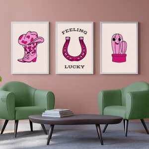 Pink Western Set of 3 Printable Wall Art, Digital Download, Cowboy Boots Cowgirl Hat Horseshoe Cactus, Cute Trendy Aesthetic Home Decor