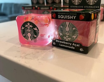 Starbucks Inspired Squishy Toy | Pink Strawberry Acai Lemonade Stress Relief Cube | NeeDoh Nice Cube Squeezable Toy