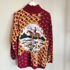 Vintage 90s CLIMAX Western Knit Sweater - Women's Small Tunic Turtleneck Pullover - Equestrian Horse Riding Pattern Top