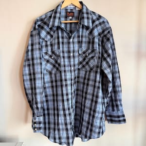 Koszula męska w stylu vintage Plains Western Wear z perłową napą w kratę w kolorze niebieskim, XXL, z guzikami w stylu rodeo kowbojskim