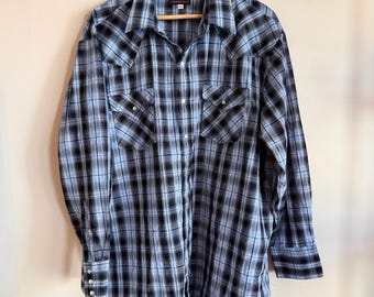 Vintage Plains Western Wear - Blue Plaid Pearl Snap - Men's XXL - Rodeo Cowboy Button Down Shirt