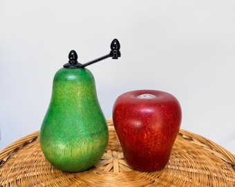 Vintage Wood Apple and Pear Salt and Pepper Set - Pepper Grinder - 70s Retro Kitchen - Fruit Kitchen Decor - MCM Tablewear