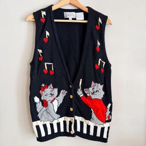 Vintage 90s Aristocrats Vest - Santoria Knit Cat Lover Music Piano Embroidered Top - Disney Cats