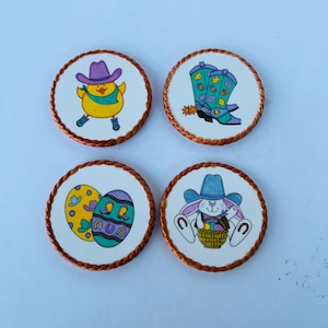 Vintage Coaster Set - Easter Egg Chick Western Cowboy Decor - Cowboy Boot Cowboy Hat Decor with Rabbit