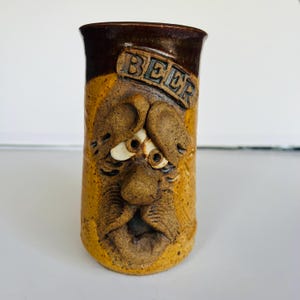 Funny Face Pottery  3D Coffee  Glazed Mug - Folk Art Coffee Tea Cup / Beer Stein - Speckled Stoneware