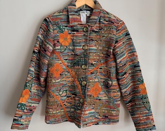 Vintage Coldwater Creek Tapestry Coat - Women's XS Embroidered Spring Jacket - Orange Multicoloured Flower Printed Coat