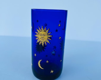 2 available - Vintage Rare Libbey Celestial Sun Moon and Stars Cobalt Blue Glass Tumbler Glass Whimsigoth 90' Glassware Kitchen Decor