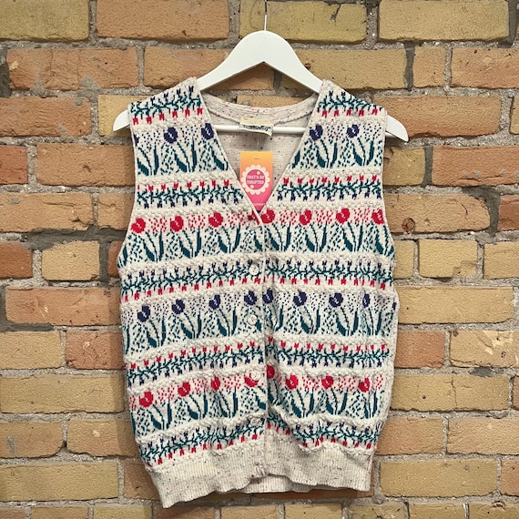 Vintage Northern Reflection Flower Pattern Knit Vest - Button Down Vest - Women's Large - Cottage Core 90s Vest