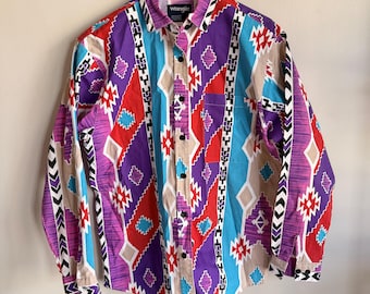 Vintage 90s Wrangler Button Down Shirt - Men's Large - Western Rodeo Cowboy Printed Top - Southwestern Print Shirt - Made in Canada