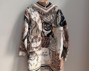Vintage 90s Cat Tapestry Coat - Cat Lover Fringe Jacket - Women's M/L Printed All Over Cardigan