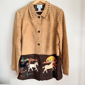 Vintage Quacker Factory Suede Leather Jacket - Horse Print Cowgirl Western Coat - Women's Large - Southwestern 90s Button Down