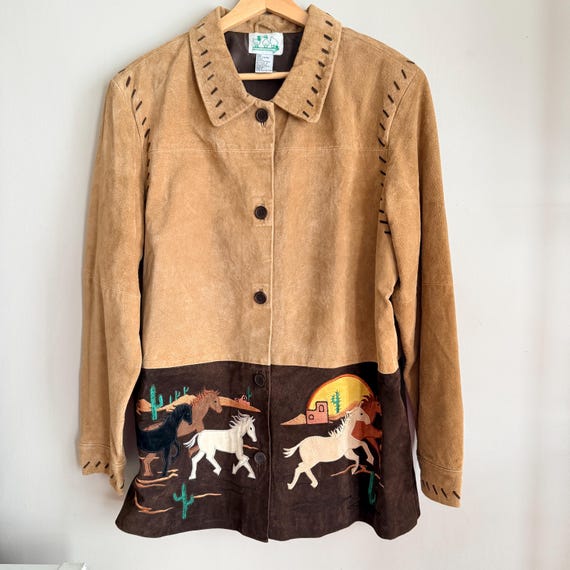 Vintage Quacker Factory Suede Leather Jacket - Horse Print Cowgirl Western Coat - Women's Large - Southwestern 90s Button Down