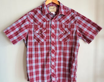 Style vintage Wrangler Pearl Snap - T-shirt boutonné à carreaux rouges - Haut de cowboy de rodéo occidental pour hommes