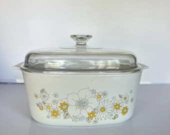 Cazuela/cazuela vintage Corningware con estampado floral y tapa - Cocina retro - Utensilios de cocina con estampado de flores
