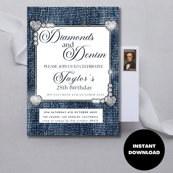 Denim Invitation | Denim And Diamonds | Diamonds & Denim | Denim Party | Blue Jeans Bling Birthday Invitation | Digital Invitation Template