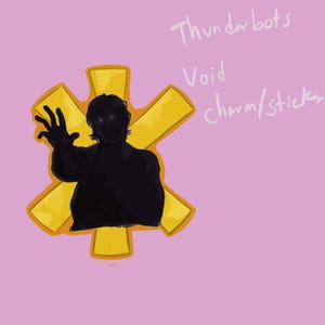 Könnte beinhalten: Illustration einer schwarzen Silhouette einer Person, die sich ausstreckt, vor einem goldenen Sternmuster. Das Bild enthält den Text "Thunderbots Void charm/sticker" auf rosa Hintergrund.