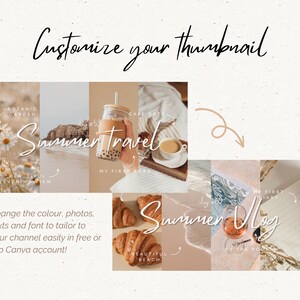 May include: A collage of images with a summer theme. The images include a cup of coffee, a glass of wine, a beach, and a notebook. The text "Summer Travel" and "Summer Vlog" are written in a handwritten font.