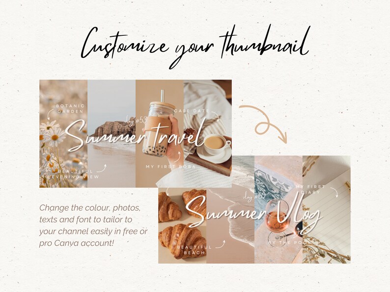 May include: A collage of images with a summer theme. The images include a cup of coffee, a glass of wine, a beach, and a notebook. The text "Summer Travel" and "Summer Vlog" are written in a handwritten font.