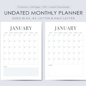 Undated Monthly Planner Printable, A4/A5/Letter/Half, Instant Download
