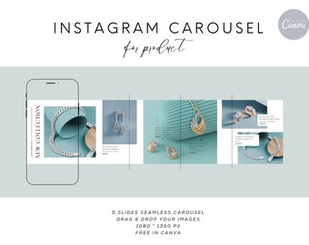 Puede incluir: Una plantilla de carrusel de Instagram de cinco diapositivas para la promoción de productos. La plantilla presenta un fondo azul claro con un borde blanco y texto que dice "NEW COLLECTION" y "INSTAGRAM CAROUSEL for product". La plantilla también incluye una variedad de artículos de joyería, incluidos collares, aretes y pulseras.