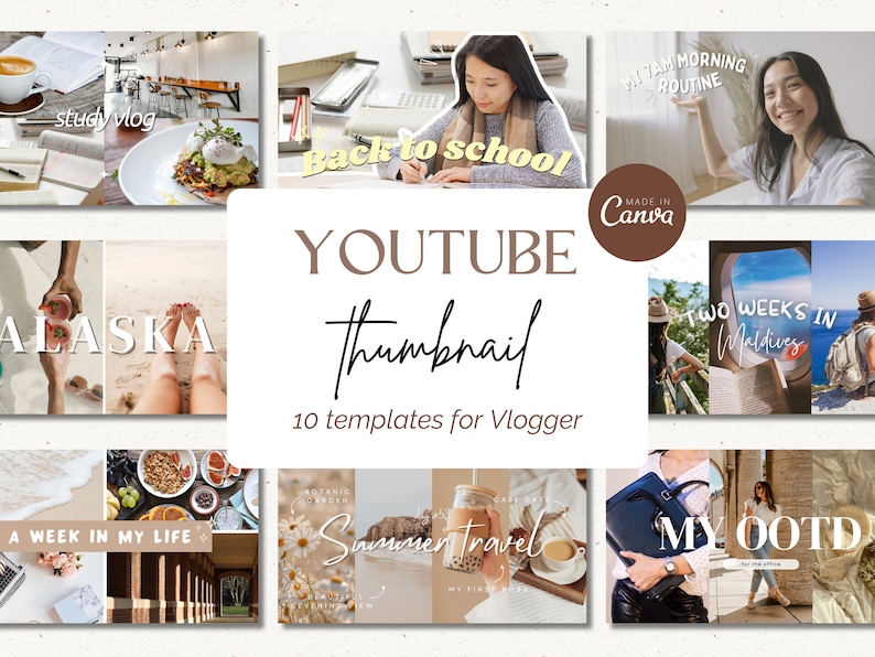 May include: A collage of 10 YouTube thumbnail templates for vloggers. The templates feature various themes, including travel, study, fashion, and lifestyle. The text "YOUTUBE Thumbnail 10 templates for Vlogger" is displayed in the center of the collage.