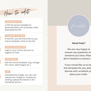 May include: A five-step guide on how to edit a Canva template. The steps are numbered 1 through 5 and include: Download PDF, Click on the Link, Log in or Register, Customize, and Use. The guide is on a light beige background with a light peach colored box for each step. The text is in black. The word "fumoffi" is in a light blue circle on a light beige background. The text "Need help?" is in black on a light beige background. The text below "Need help?" is in black on a light beige background.