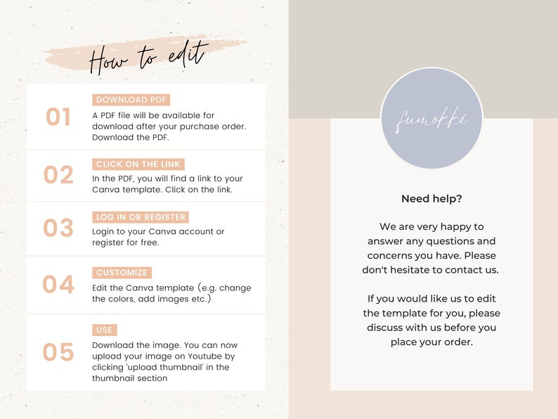 May include: A five-step guide on how to edit a Canva template. The steps are numbered 1 through 5 and include: Download PDF, Click on the Link, Log in or Register, Customize, and Use. The guide is on a light beige background with a light peach colored box for each step. The text is in black. The word "fumoffi" is in a light blue circle on a light beige background. The text "Need help?" is in black on a light beige background. The text below "Need help?" is in black on a light beige background.