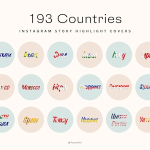 May include: A set of 18 Instagram story highlight covers featuring the names of different countries in colourful, stylised text with flags incorporated into the lettering. The text includes "Australia", "Brazil", "Cuba", "India", "Italy", "Japan", "Mexico", "Morocco", "Nepal", "Philippines", "Singapore", "Slovakia", "South Africa", "Spain", "Turkey", "Ukraine", "United States", and "Vietnam".