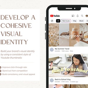 May include: A screenshot of a YouTube app on a smartphone showing two video thumbnails. The first thumbnail is a collage of images with the text "Summer Travel" in a handwritten font. The second thumbnail shows a person writing in a notebook with the text "Back to School" in a yellow and orange handwritten font.