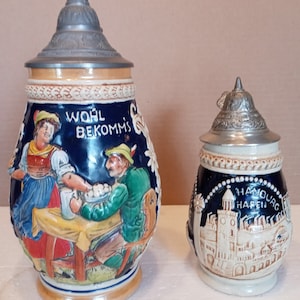 Beer stein mugs, vintage, embossed, hand painted pewter lid, made in Germany