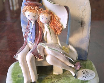 Vintage Zampiva signed figurine:Couple on Bench with Arch made in Italy