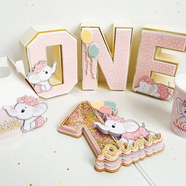 Custom Baby Elephant Birthday Party Set: Cake Topper, 3D Letters, Set of 12 Favor Boxes and Set of 20 party cups.