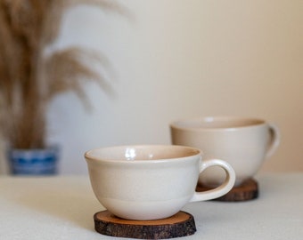 Stoneware Mug Set, Handmade Latte Mug, Tea Cup and Wooden Saucer | Housewarming Gift Idea