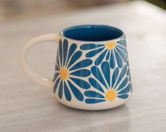 Floral Coffee Mug, Handmade Large Mug, Blue Flower Ceramic Mug