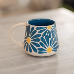 Floral Coffee Mug, Handmade Large Mug, Blue Flower Ceramic Mug