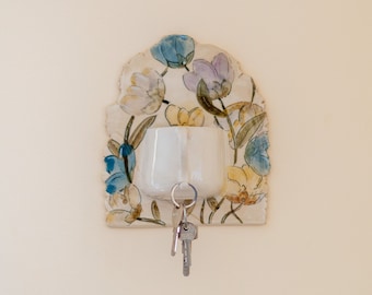 Key Holder for Wall, Ceramic Key Hanger, Handmade Key Rack, Housewarming Gift Key Hook, Multipurpose Organizer, Watercolor Flowers
