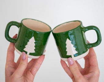 Christmas Coffee Mug - Handmade Mug Set, Pottery Mug Forest Theme