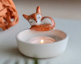 Cute Tea Light Holder - Sleeping Fox Candle Holder, Handmade Home Decor, Valentines Day Gift