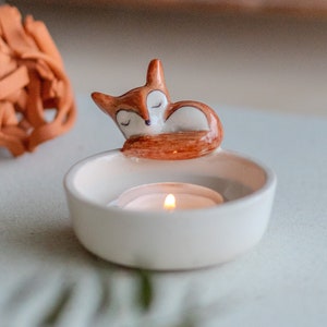 Cute Tea Light Holder - Sleeping Fox Candle Holder, Handmade Home Decor, Valentines Day Gift