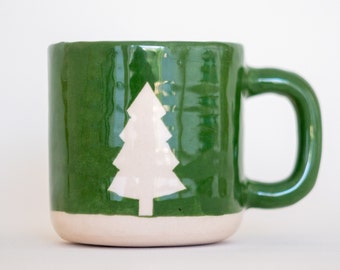 Christmas Ceramic Mug - Winter Mug, Pine Tree Decorated Coffee Mug - Handmade Pottery Mug