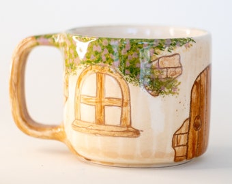 House Coffee Mug | Vintage House Decorated Coffee Cup | Large Handmade Coffee Pottery