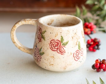 Rose Flower Pottery Mug - Ceramic Mug, Handmade Coffee Mug, Blossom Decorated Mug